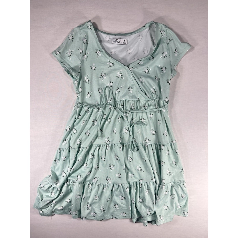 Hollister‎ Tiered Short Dress DITSY Green Floral Print Stretch Sz S